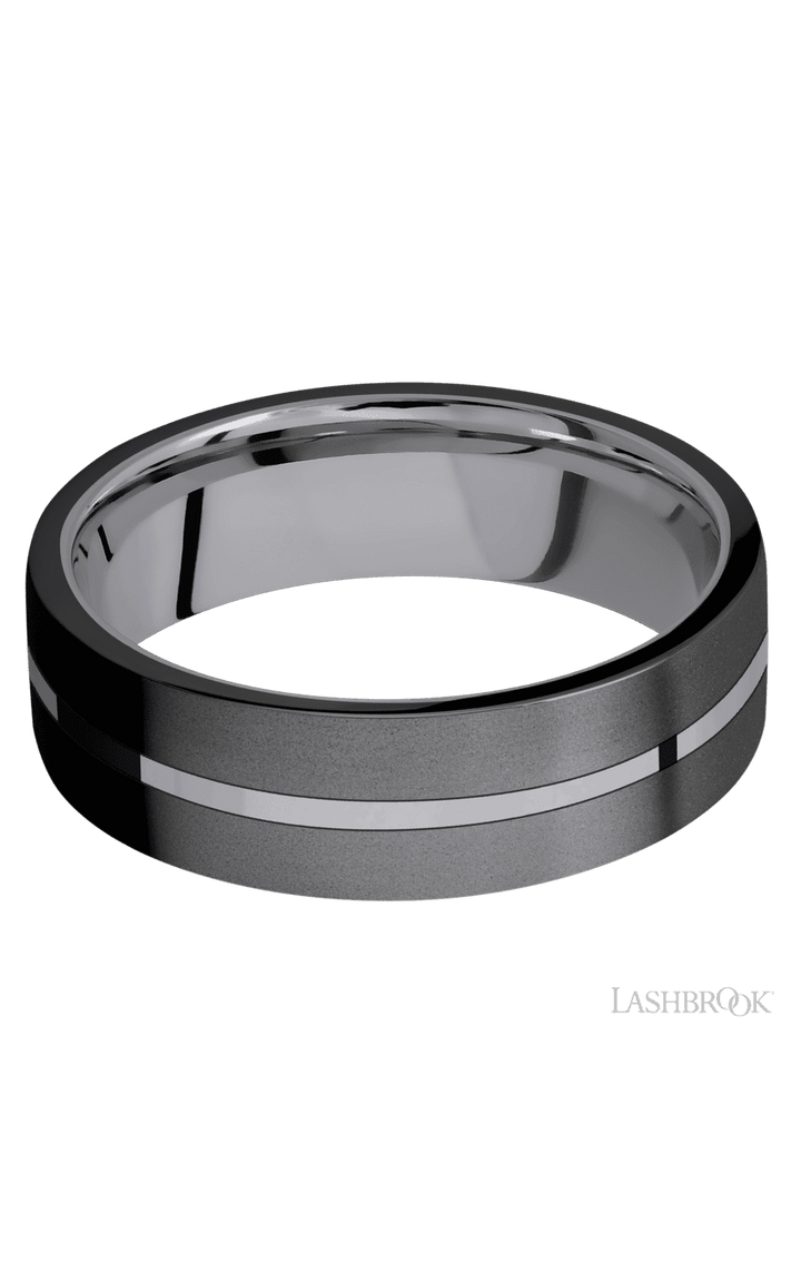 7 mm wide/Flat/Tantalum band with two 3 mm Double Off Center Edge inlays of Zirconium.
