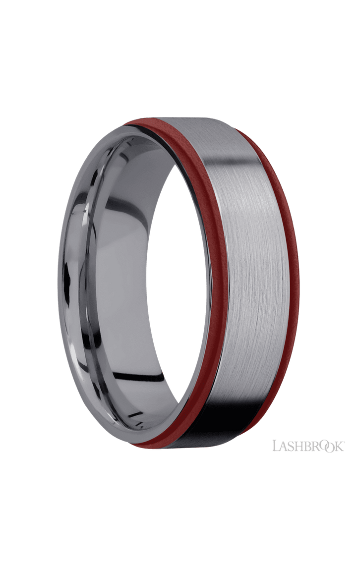 7 mm wide/Flat Grooved Edges/Tantalum band with two 1 mm Edge inlays of Crimson.