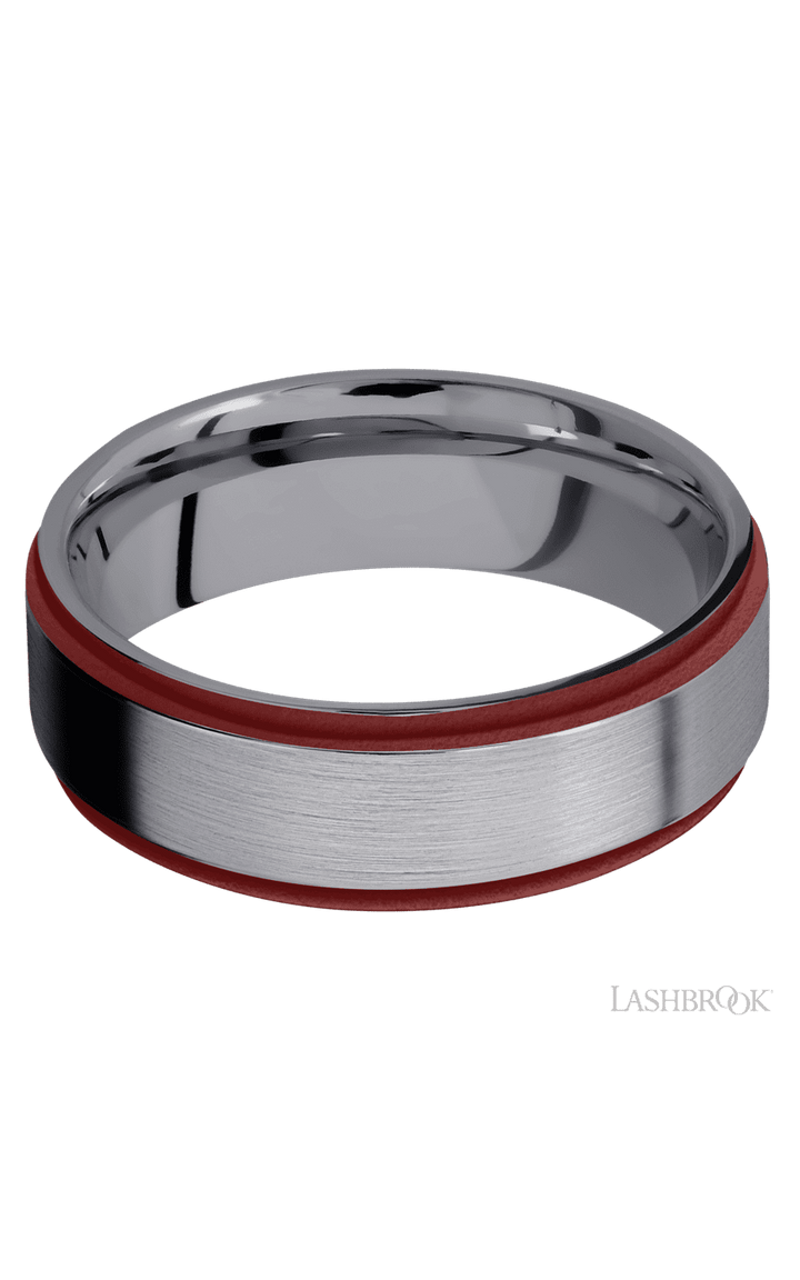 7 mm wide/Flat Grooved Edges/Tantalum band with two 1 mm Edge inlays of Crimson.