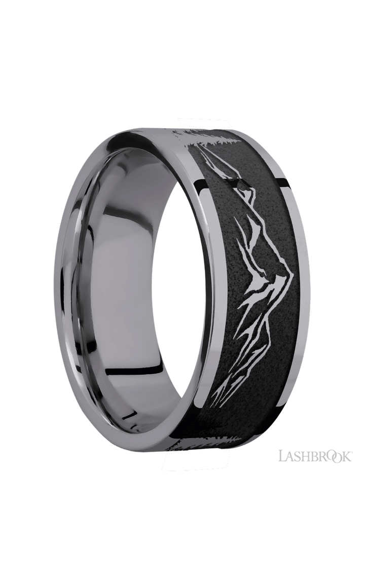 8 mm wide/Flat/Tantalum band with a laser carved Mountain 2 pattern.