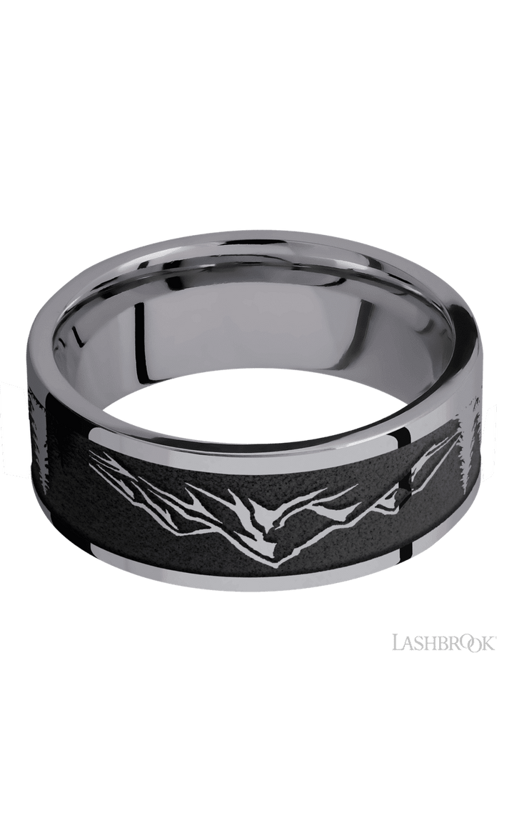8 mm wide/Flat/Tantalum band with a laser carved Mountain 2 pattern.