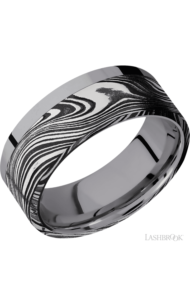 8 mm wide/Flat/Tantalum band with one 6 mm Off Center Edge inlay of Marble.
