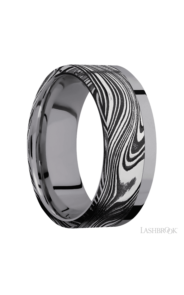 8 mm wide/Flat/Tantalum band with one 6 mm Off Center Edge inlay of Marble.