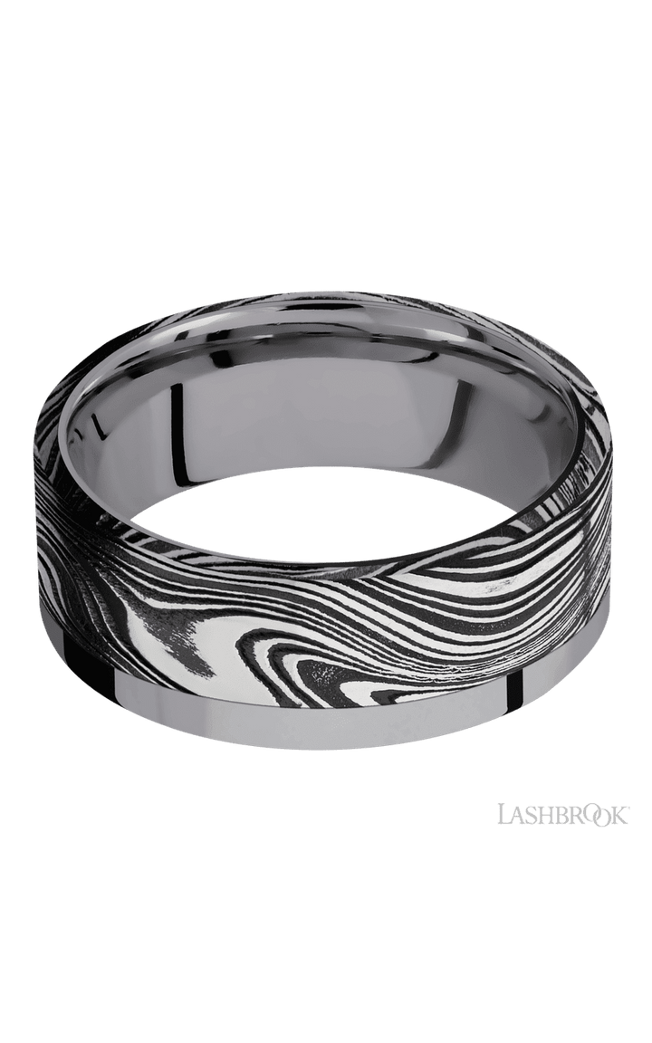 8 mm wide/Flat/Tantalum band with one 6 mm Off Center Edge inlay of Marble.