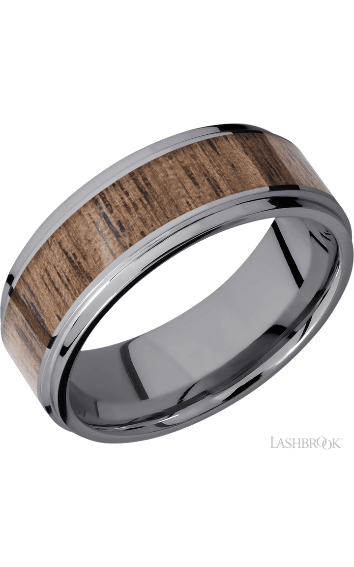 8 mm wide/Flat Grooved Edges/Tantalum band with one 5 mm Centered inlay of Walnut.