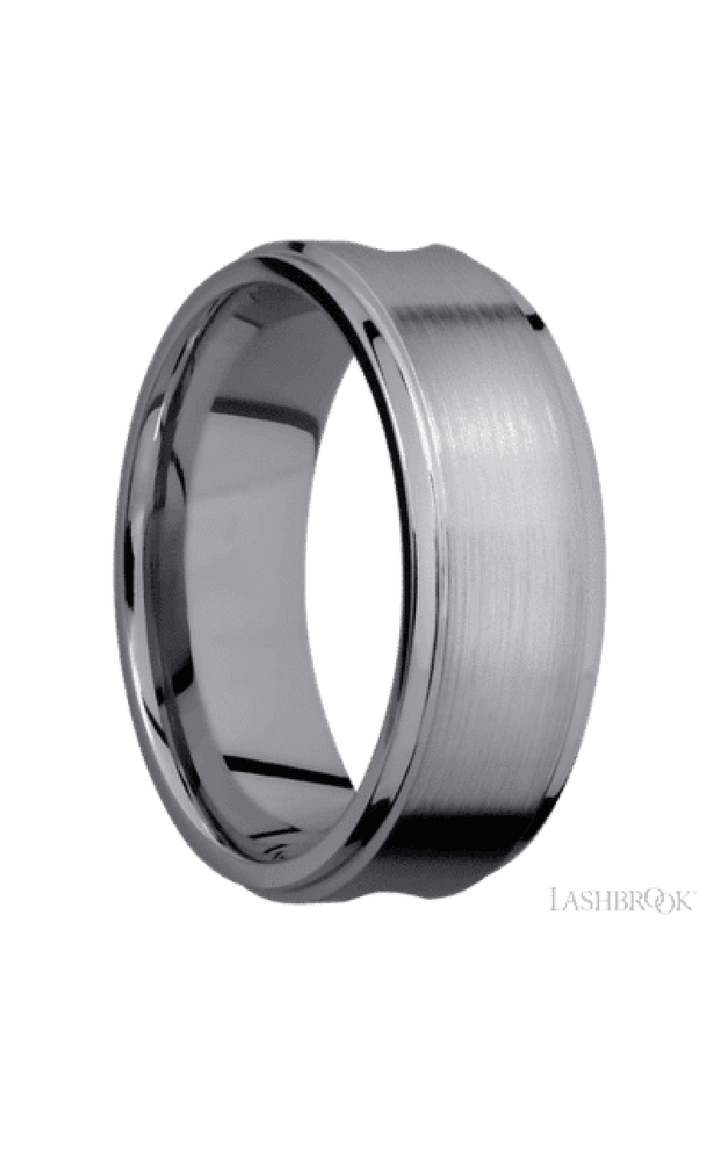 8 mm wide/Flat Grooved Edges/Tantalum band with one 5 mm Centered inlay of Walnut.