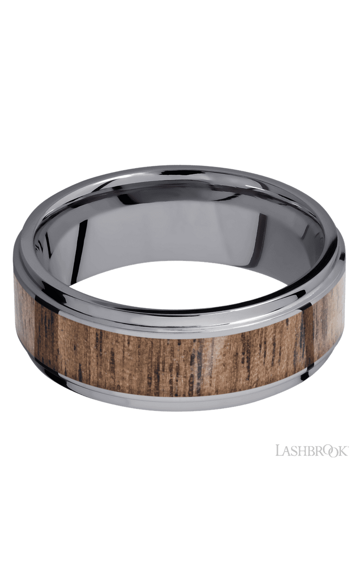 8 mm wide/Flat Grooved Edges/Tantalum band with one 5 mm Centered inlay of Walnut.