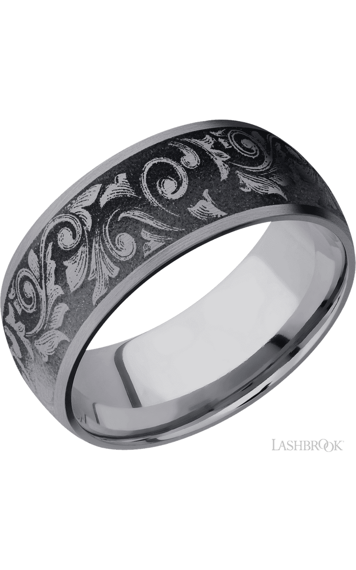 9 mm wide/Domed/Tantalum band with a laser carved Western Scroll pattern.