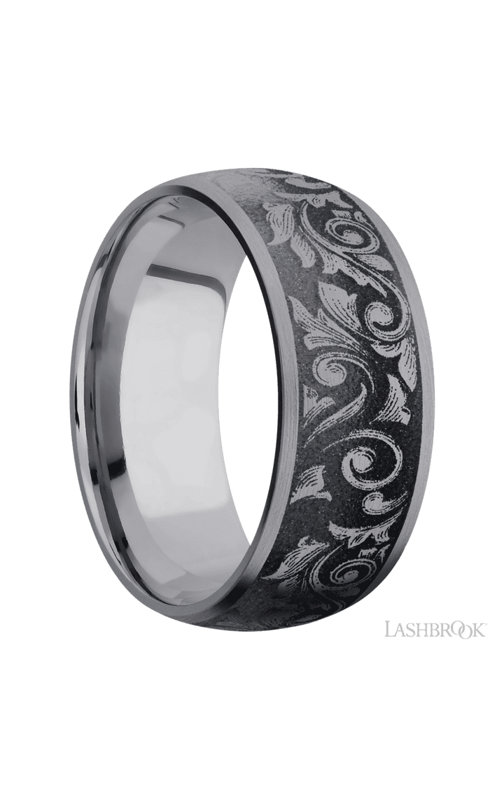 9 mm wide/Domed/Tantalum band with a laser carved Western Scroll pattern.