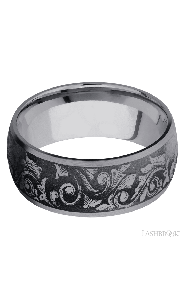 9 mm wide/Domed/Tantalum band with a laser carved Western Scroll pattern.