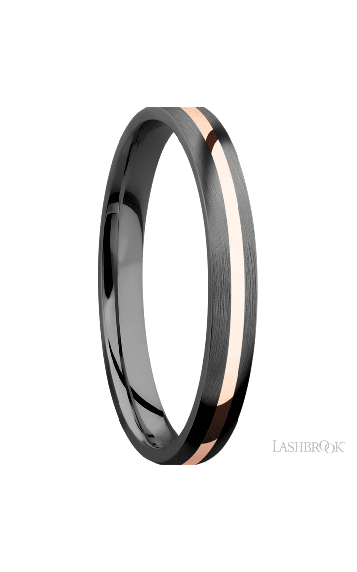 3 mm wide/Domed/Zirconium band with one 1 mm Centered inlay of 14K Rose Gold.