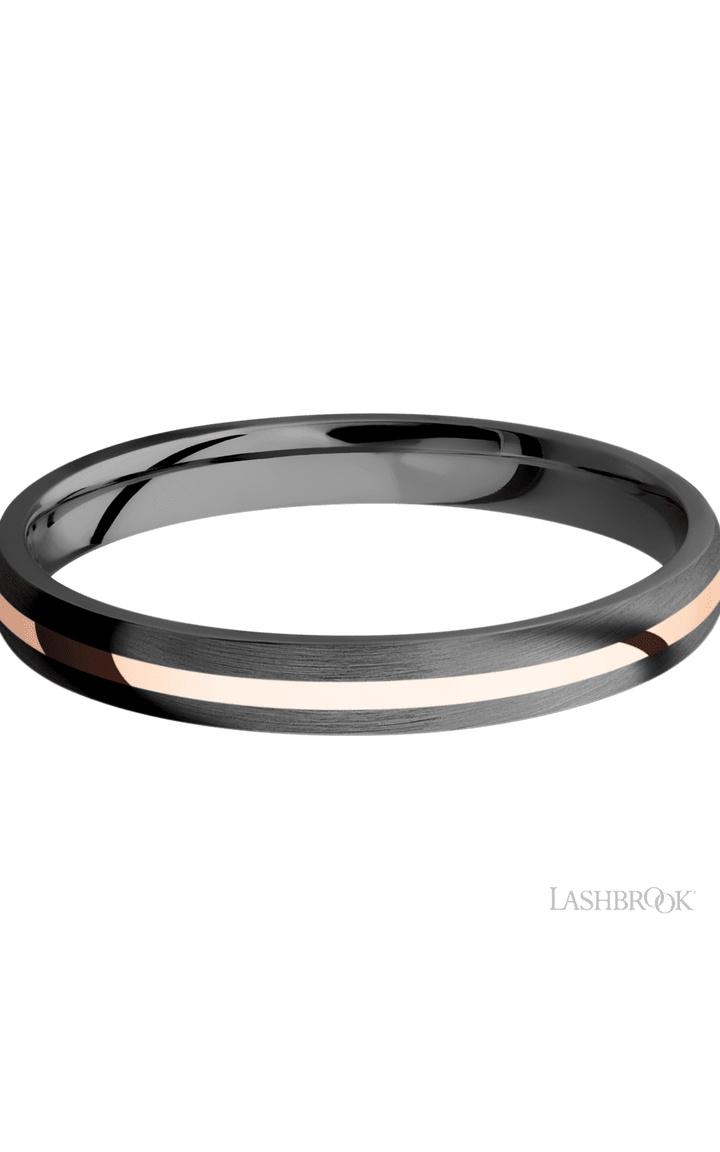 3 mm wide/Domed/Zirconium band with one 1 mm Centered inlay of 14K Rose Gold.