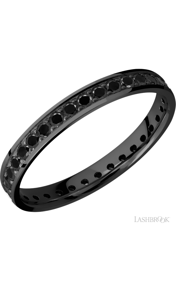 3 mm wide/Flat/Zirconium band with an Eternity arrangement of .03 carat Round Black Diamond stones in a Bead setting.