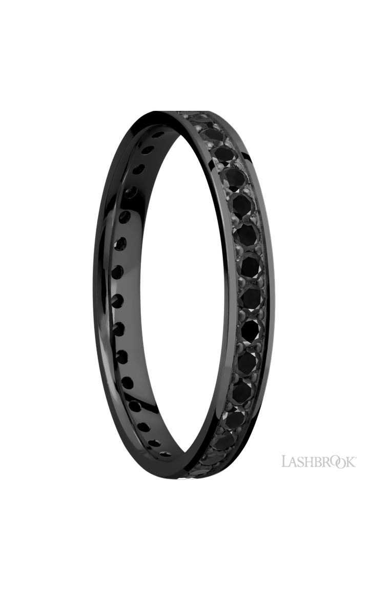 3 mm wide/Flat/Zirconium band with an Eternity arrangement of .03 carat Round Black Diamond stones in a Bead setting.