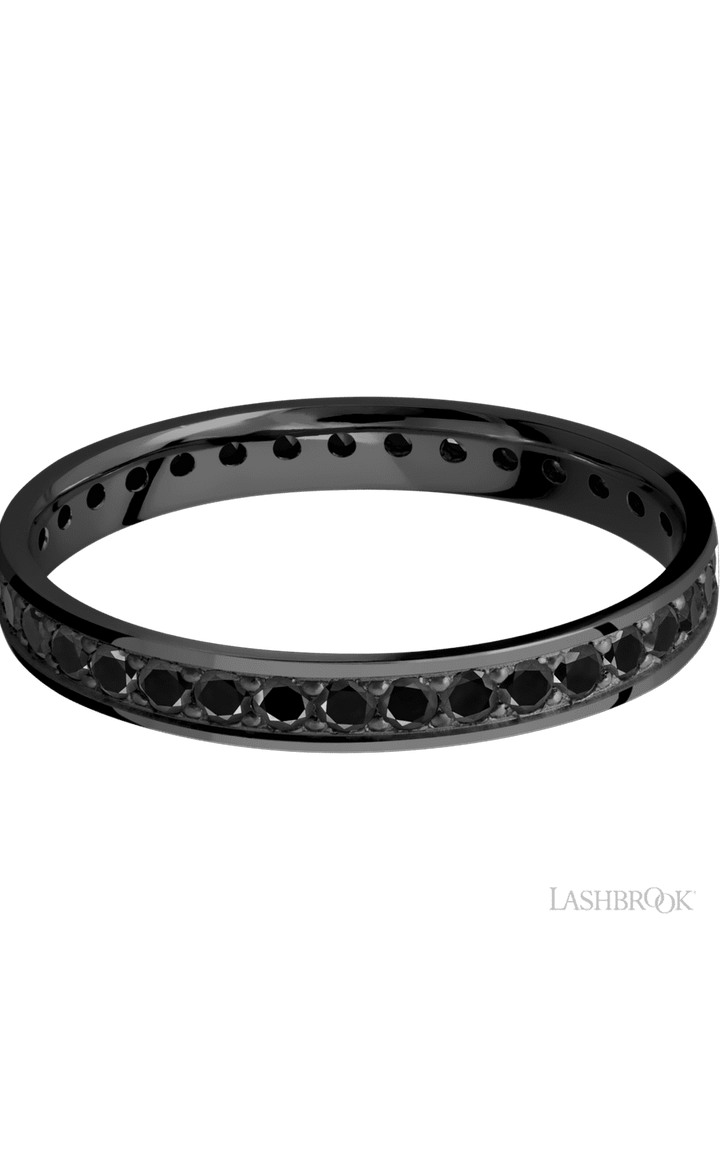 3 mm wide/Flat/Zirconium band with an Eternity arrangement of .03 carat Round Black Diamond stones in a Bead setting.