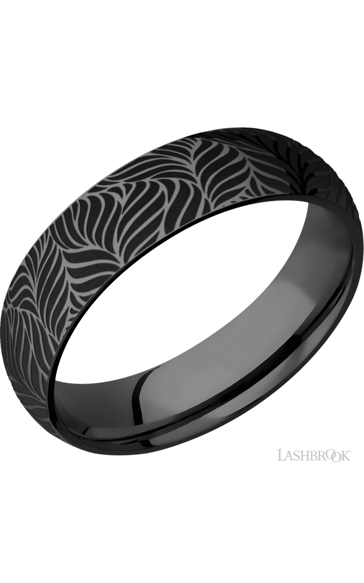 6 mm wide/Domed/Zirconium band with a laser carved Twisted Leaf pattern.
