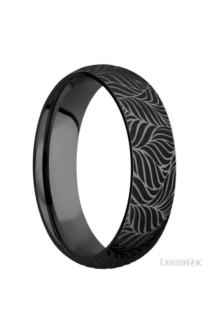 6 mm wide/Domed/Zirconium band with a laser carved Twisted Leaf pattern.