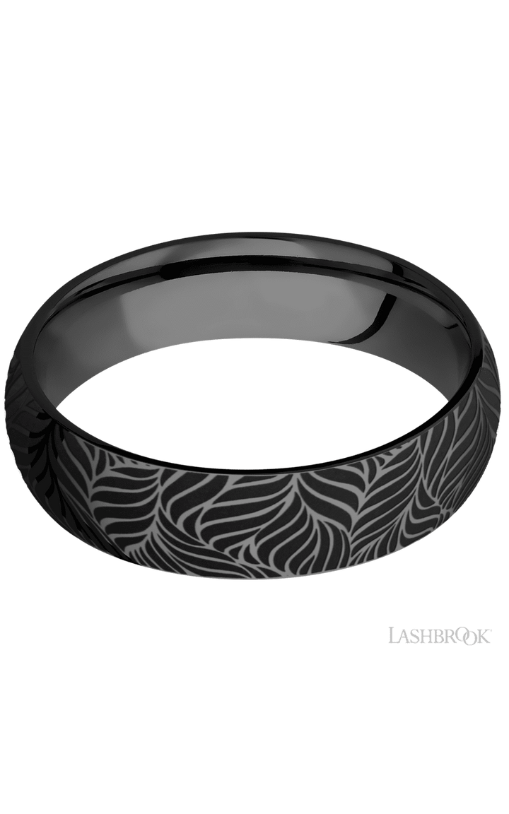 6 mm wide/Domed/Zirconium band with a laser carved Twisted Leaf pattern.