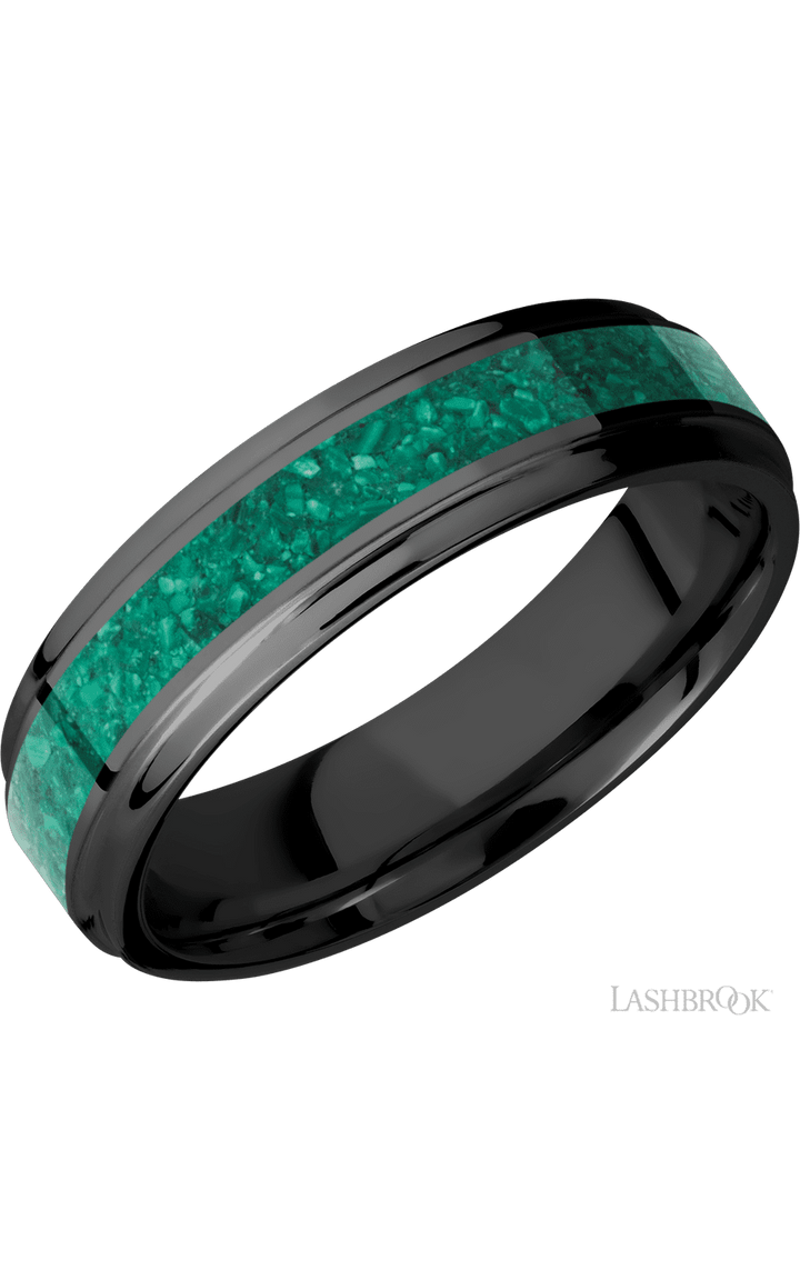 6 mm wide/Flat Grooved Edges/Zirconium band with one 3 mm Centered inlay of Malachite.