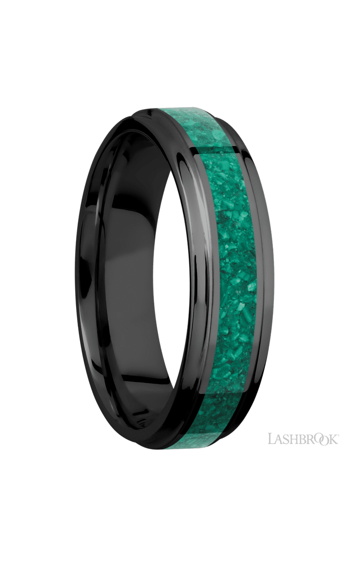 6 mm wide/Flat Grooved Edges/Zirconium band with one 3 mm Centered inlay of Malachite.