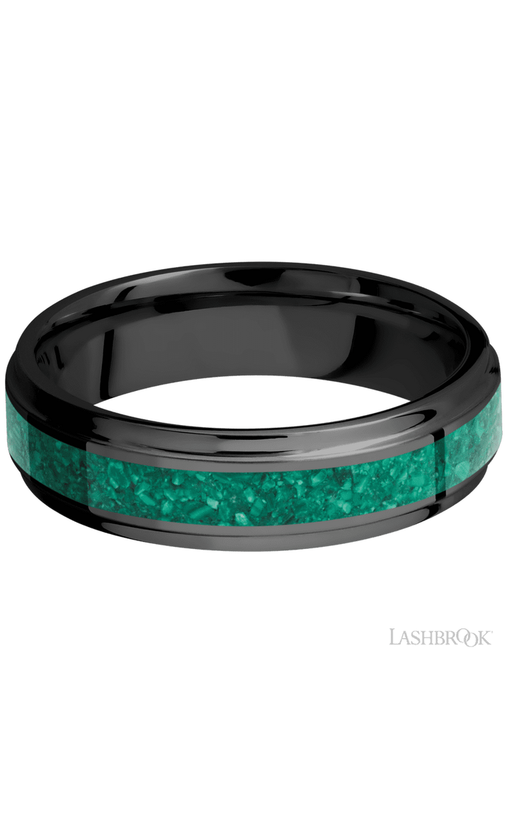 6 mm wide/Flat Grooved Edges/Zirconium band with one 3 mm Centered inlay of Malachite.