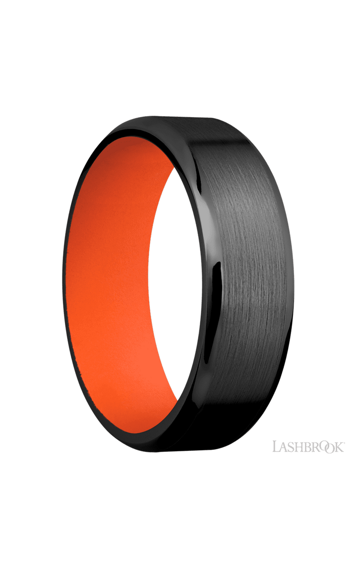 7 mm wide Beveled Zirconium band featuring a Hunter Orange sleeve.