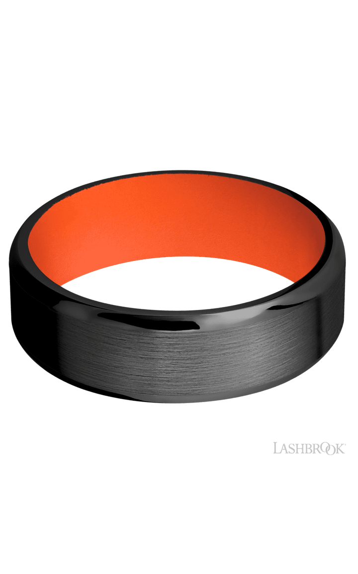 7 mm wide Beveled Zirconium band featuring a Hunter Orange sleeve.