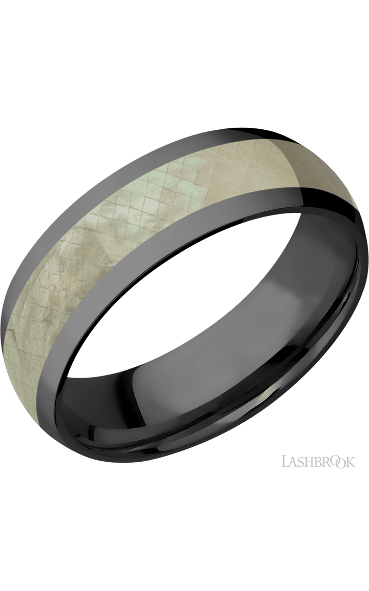7 mm wide/Domed/Zirconium band with one 4 mm Centered inlay of Freshwater Mother of Pearl.
