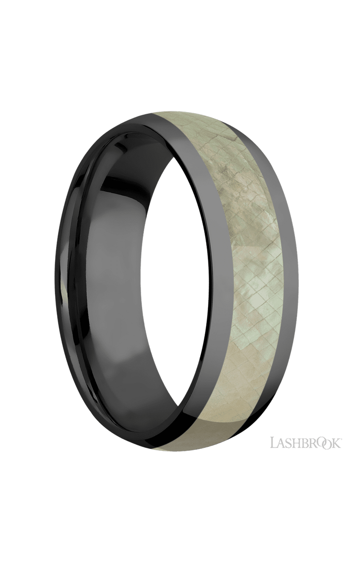 7 mm wide/Domed/Zirconium band with one 4 mm Centered inlay of Freshwater Mother of Pearl.