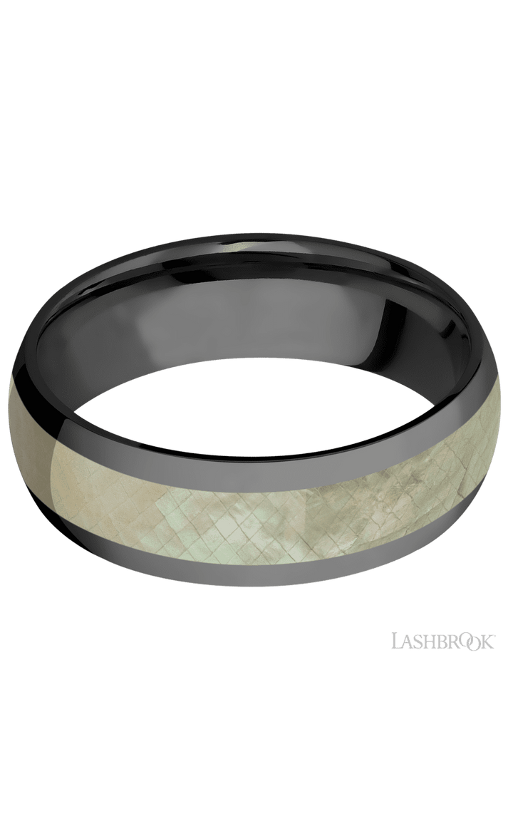 7 mm wide/Domed/Zirconium band with one 4 mm Centered inlay of Freshwater Mother of Pearl.