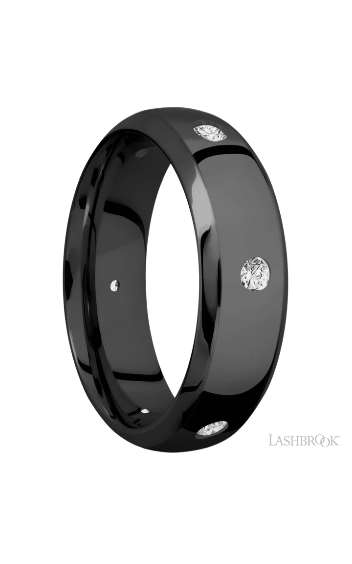 7 mm wide/Domed Bevel/Zirconium band with a 6X Even arrangement of .07 carat Round Diamond stones in a Flush setting.