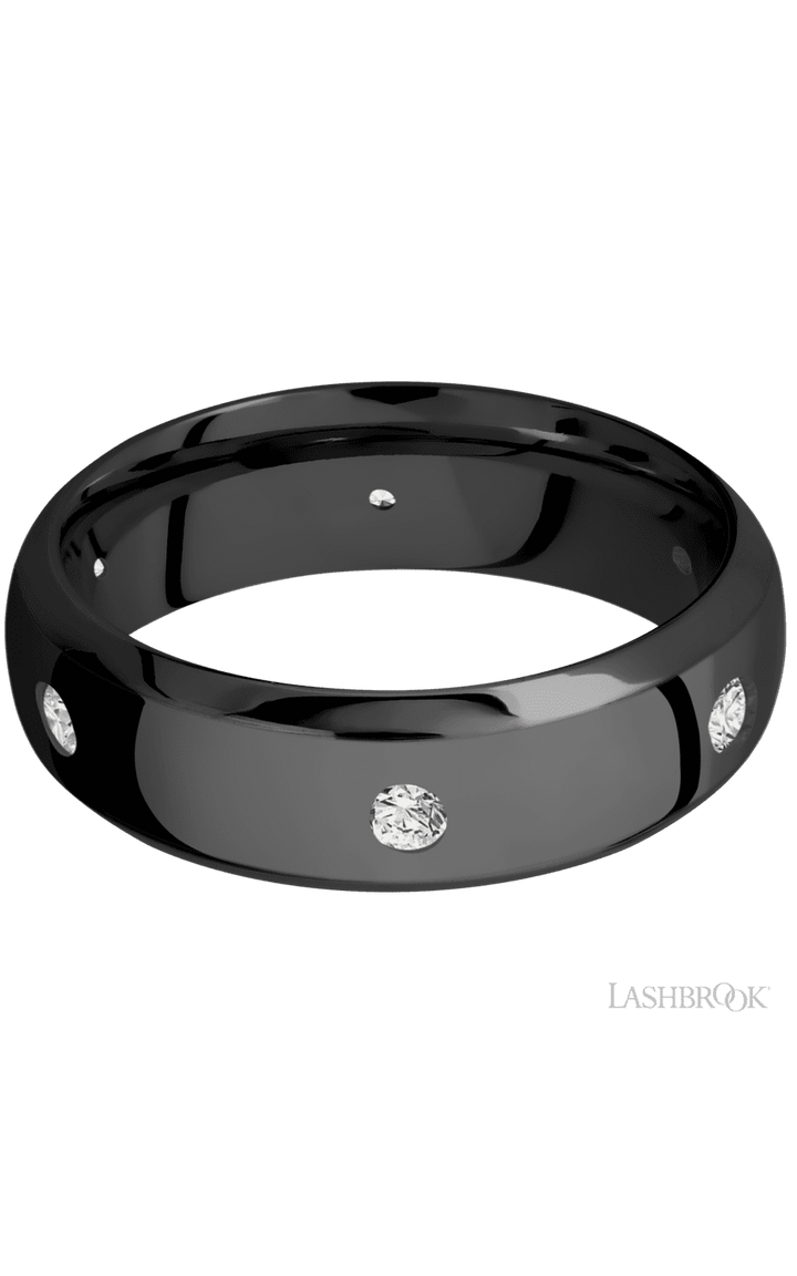 7 mm wide/Domed Bevel/Zirconium band with a 6X Even arrangement of .07 carat Round Diamond stones in a Flush setting.