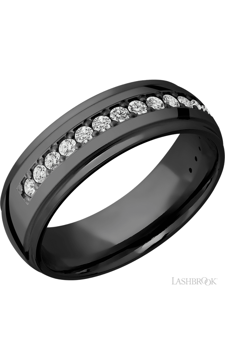 7 mm wide/Domed Stepped Down Edges/Zirconium band with a Half Eternity arrangement of .03 carat Round Diamond stones in a Bead setting.