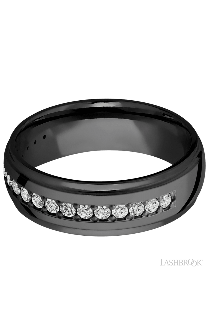 7 mm wide/Domed Stepped Down Edges/Zirconium band with a Half Eternity arrangement of .03 carat Round Diamond stones in a Bead setting.