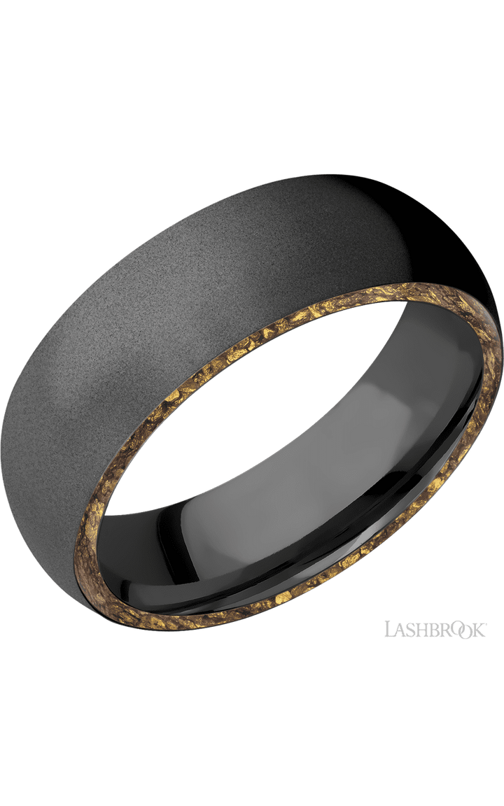7 mm wide/Domed/Zirconium band with two 1 mm Side inlays of Alaskan Gold Nugget.