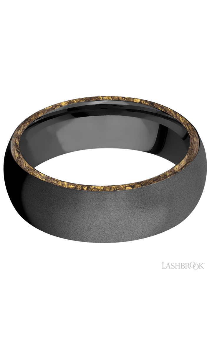 7 mm wide/Domed/Zirconium band with two 1 mm Side inlays of Alaskan Gold Nugget.