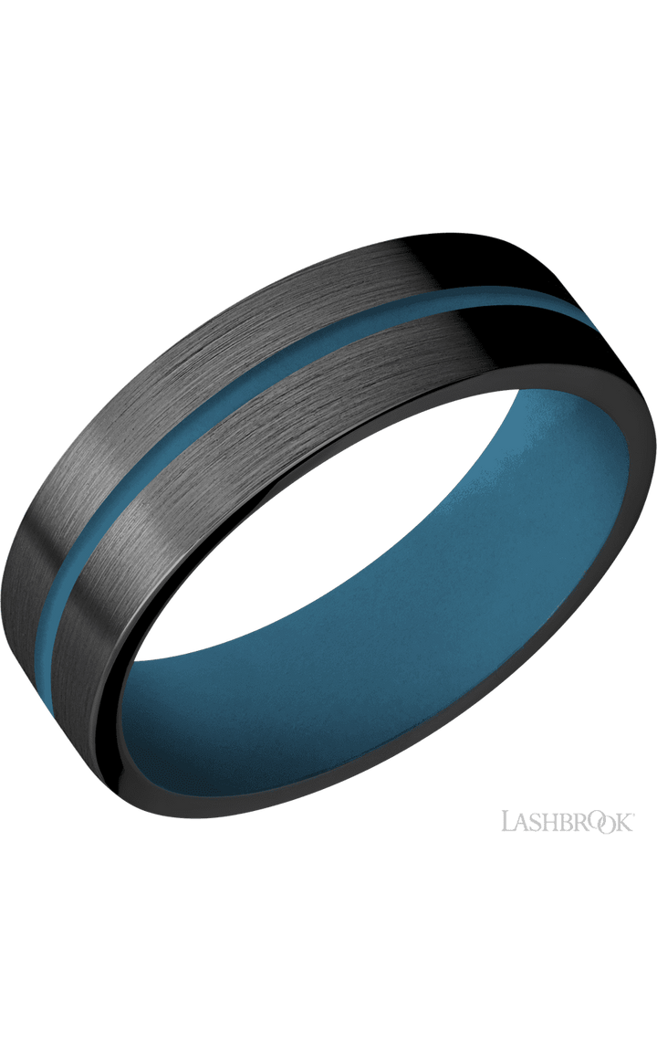 7 mm wide/Flat/Zirconium band with one 1 mm Centered inlay of Royal Blue also featuring a Royal Blue sleeve.