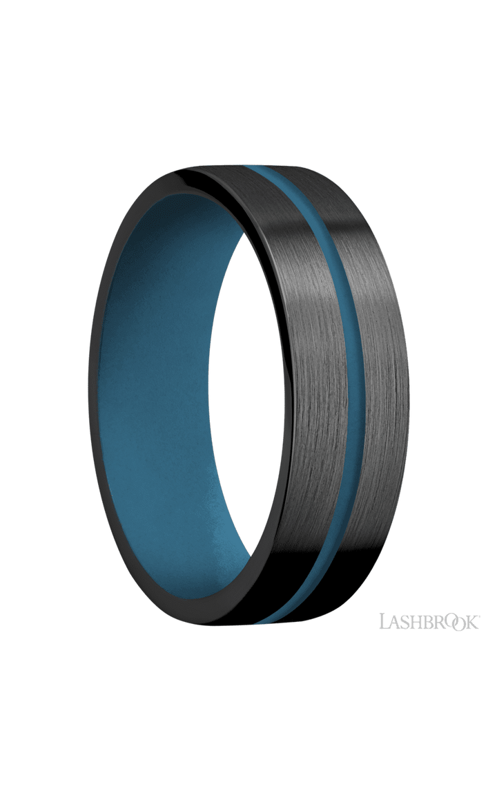7 mm wide/Flat/Zirconium band with one 1 mm Centered inlay of Royal Blue also featuring a Royal Blue sleeve.