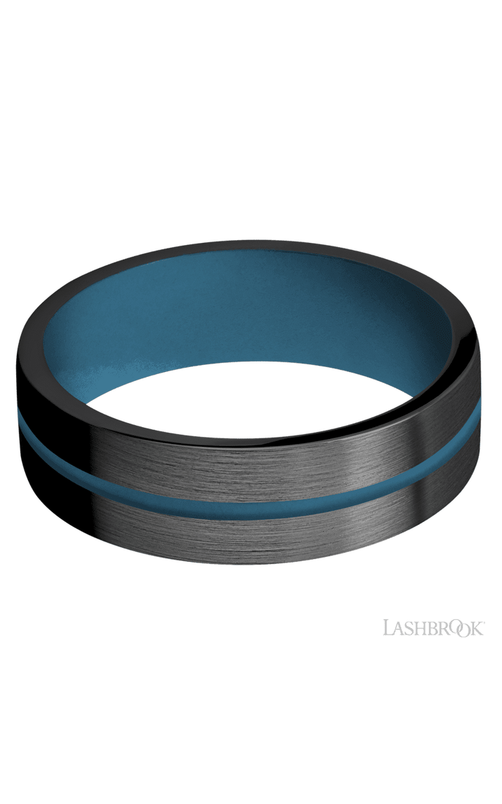7 mm wide/Flat/Zirconium band with one 1 mm Centered inlay of Royal Blue also featuring a Royal Blue sleeve.