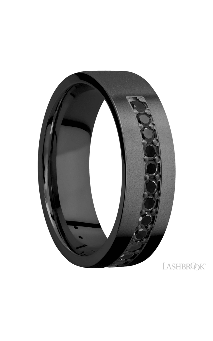 7 mm wide/Flat/Zirconium band with a Half Eternity arrangement of .03 carat Round Black Diamond stones in a Bead setting.