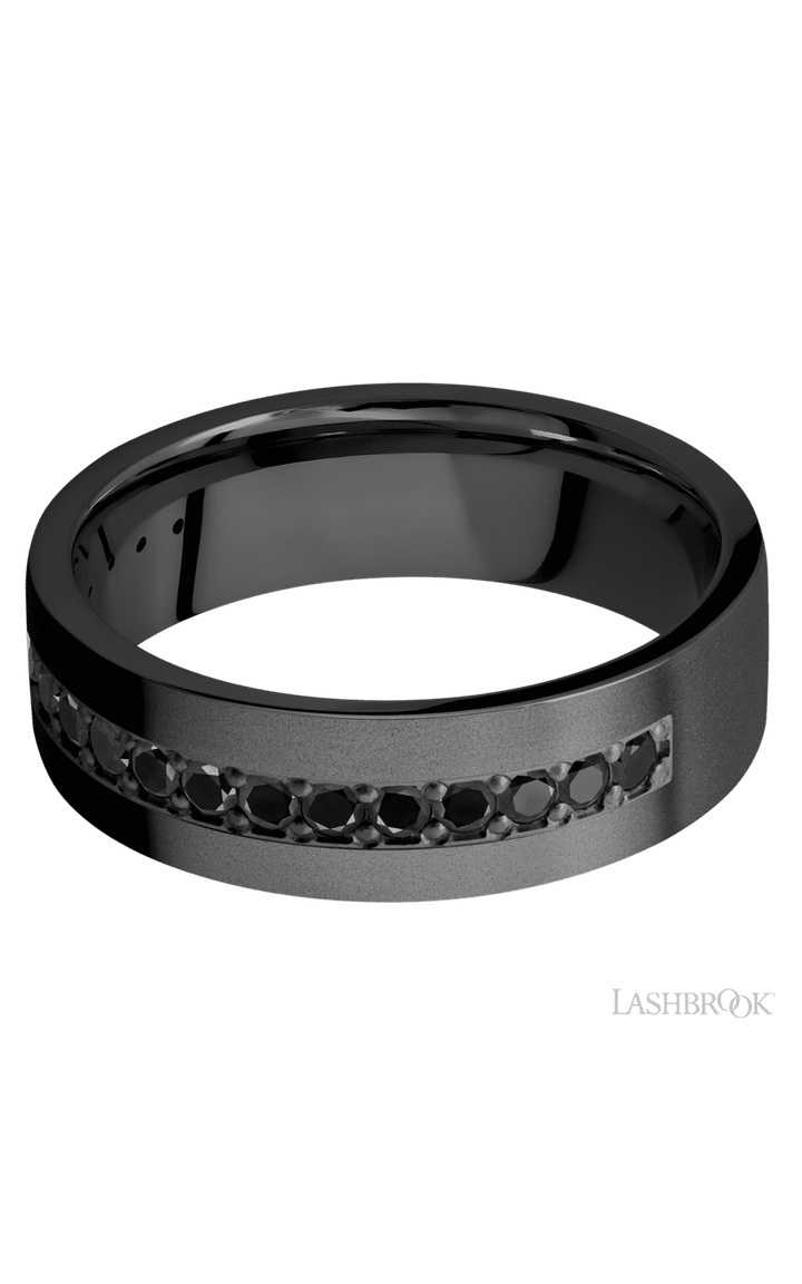 7 mm wide/Flat/Zirconium band with a Half Eternity arrangement of .03 carat Round Black Diamond stones in a Bead setting.