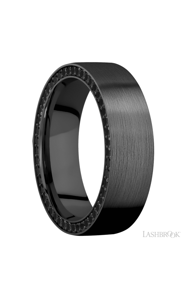 7 mm wide/Flat/Zirconium band with a Side Eternity arrangement of .01 carat Round Black Diamond stones in a Bead setting.