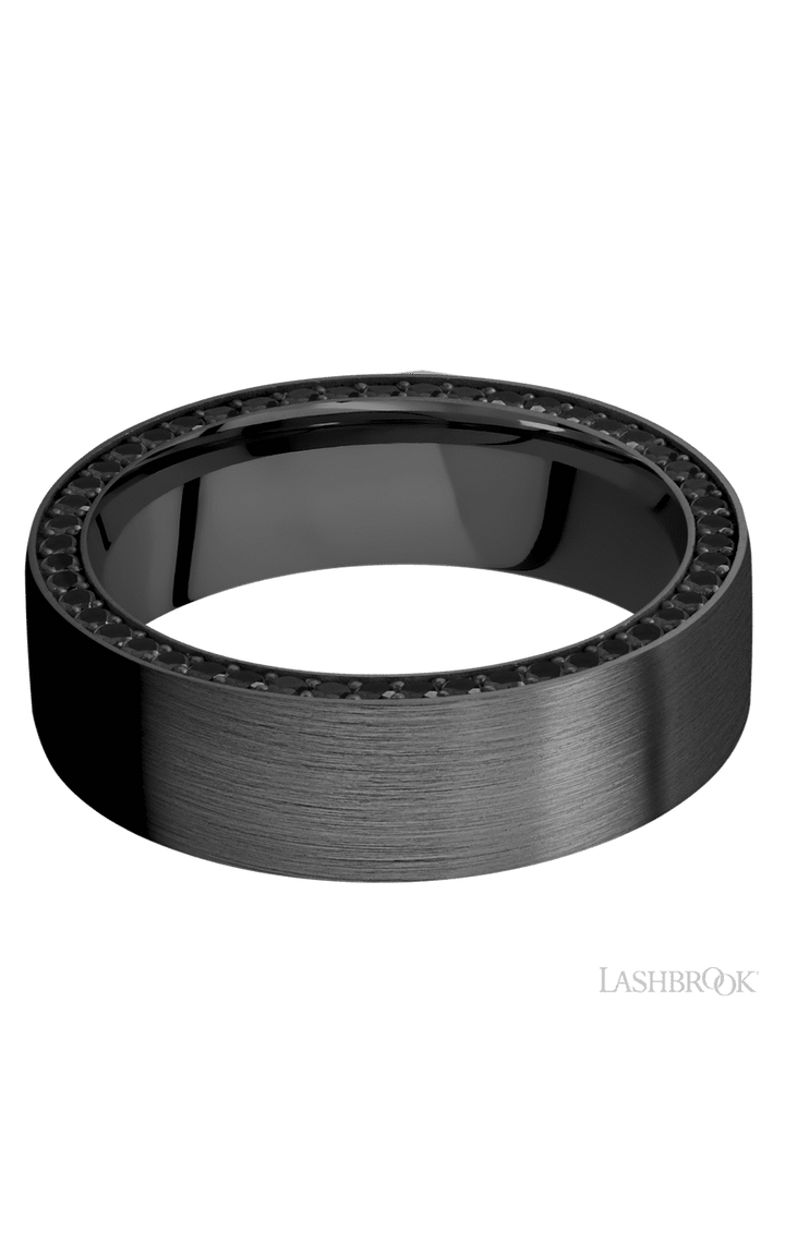 7 mm wide/Flat/Zirconium band with a Side Eternity arrangement of .01 carat Round Black Diamond stones in a Bead setting.