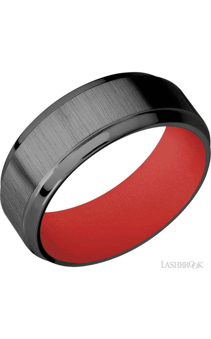 8 mm wide Stepped Bevel Zirconium band featuring a USMC Red sleeve.
