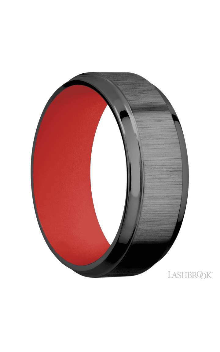 8 mm wide Stepped Bevel Zirconium band featuring a USMC Red sleeve.