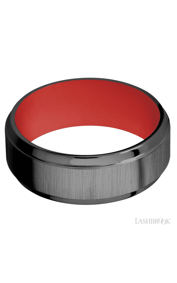 8 mm wide Stepped Bevel Zirconium band featuring a USMC Red sleeve.
