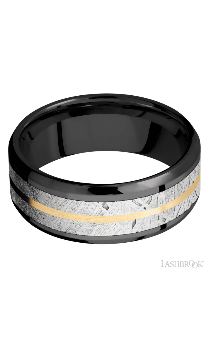 8 mm wide/Beveled/Zirconium band featuring inlays of Meteorite and 14K Yellow Gold.