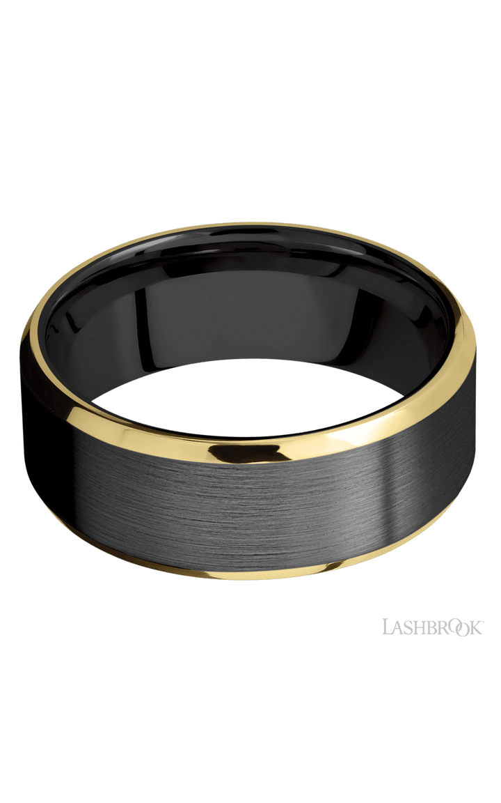 8 mm wide/Beveled/Zirconium band with two 1 mm Edge inlays of 14K Yellow Gold.