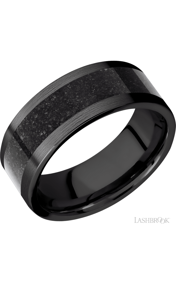 8 mm wide/Flat/Zirconium band with one 5 mm Centered inlay of Dinosaur Bone Black.