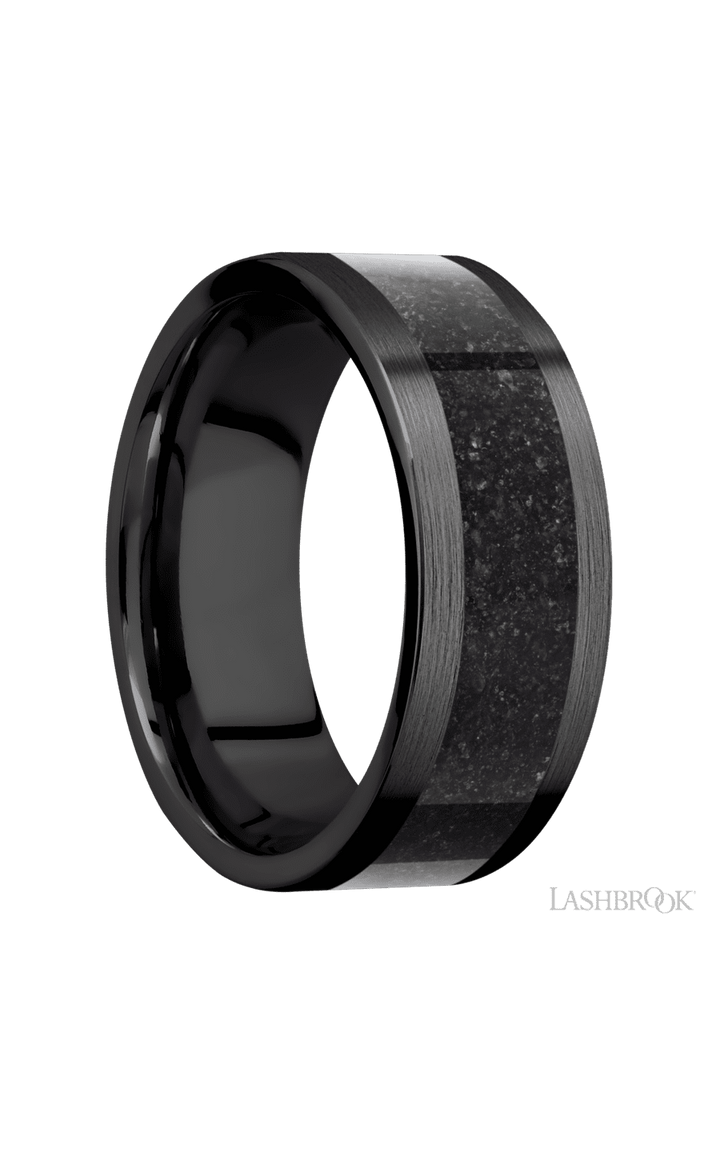 8 mm wide/Flat/Zirconium band with one 5 mm Centered inlay of Dinosaur Bone Black.